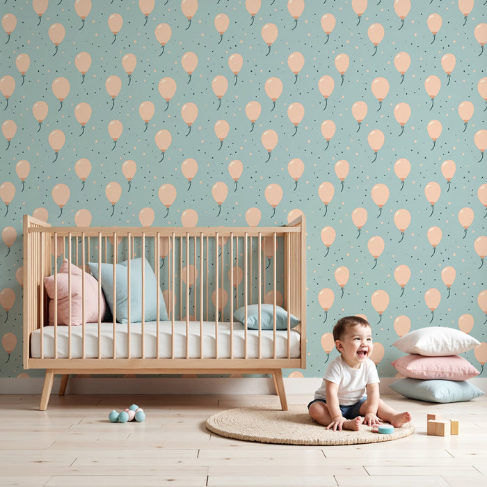 Papier peint chambre enfant à motifs | Ballons roses sur fond bleu