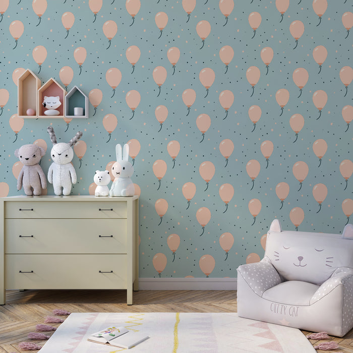 Papier peint chambre enfant à motifs | Ballons roses sur fond bleu