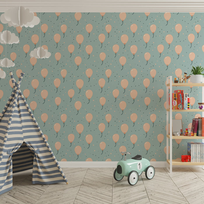 Papier peint chambre enfant à motifs | Ballons roses sur fond bleu