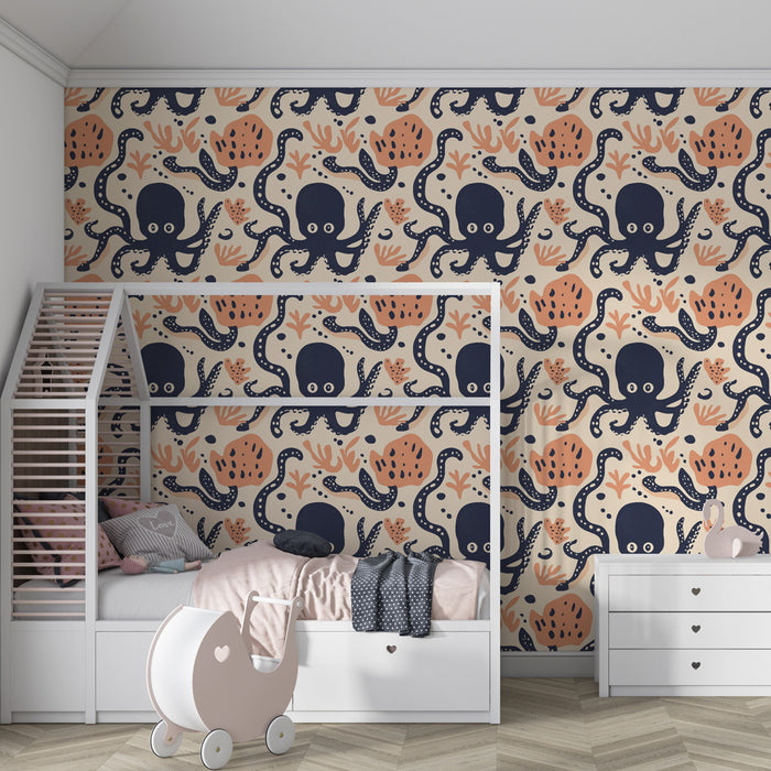 Papier peint chambre enfant à motifs | Charmants poulpes et coraux colorés