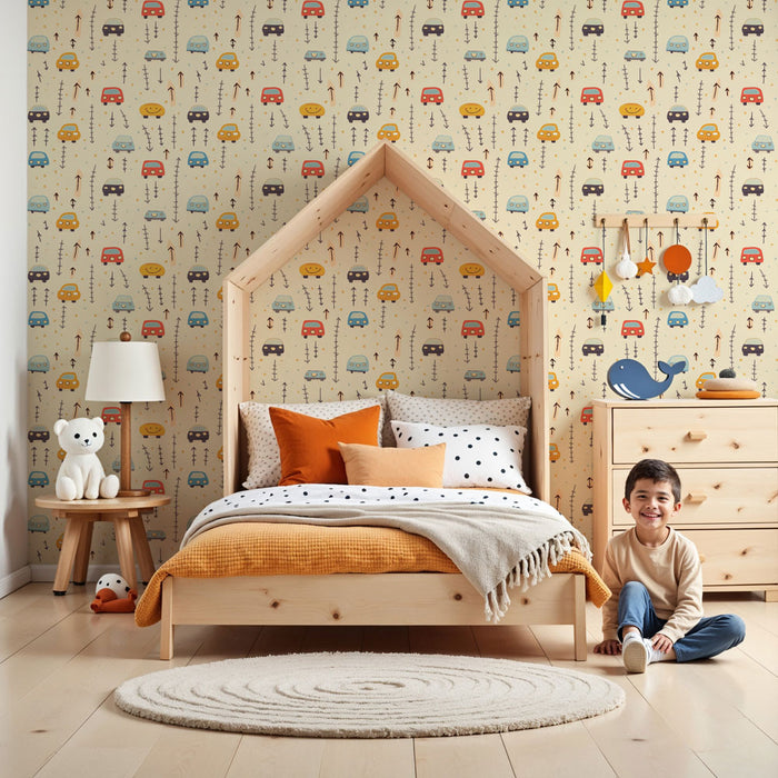 Papier peint chambre enfant à motifs | Charmants véhicules colorés en vadrouille