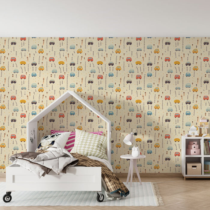 Papier peint chambre enfant à motifs | Charmants véhicules colorés en vadrouille