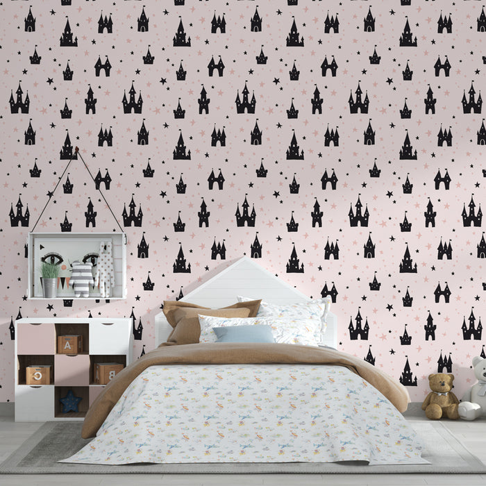 Papier peint chambre enfant à motifs | Châteaux et étoiles sur fond rose