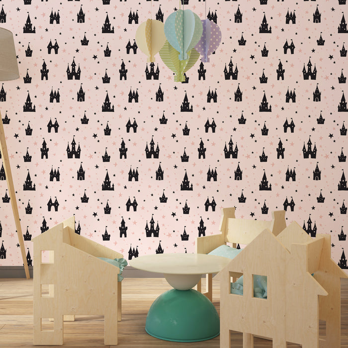 Papier peint chambre enfant à motifs | Châteaux et étoiles sur fond rose