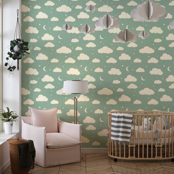 Papier peint chambre enfant à motifs | Doux nuages et croissants de lune sur fond vert