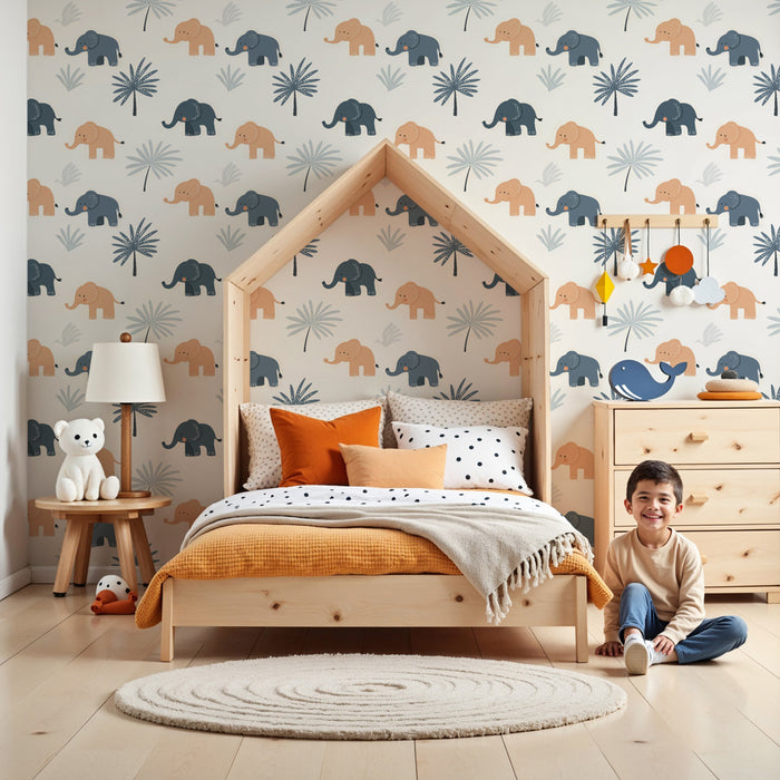 Papier peint chambre enfant à motifs | Élégants éléphants au milieu de palmiers