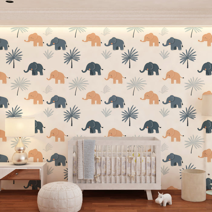 Papier peint chambre enfant à motifs | Élégants éléphants au milieu de palmiers