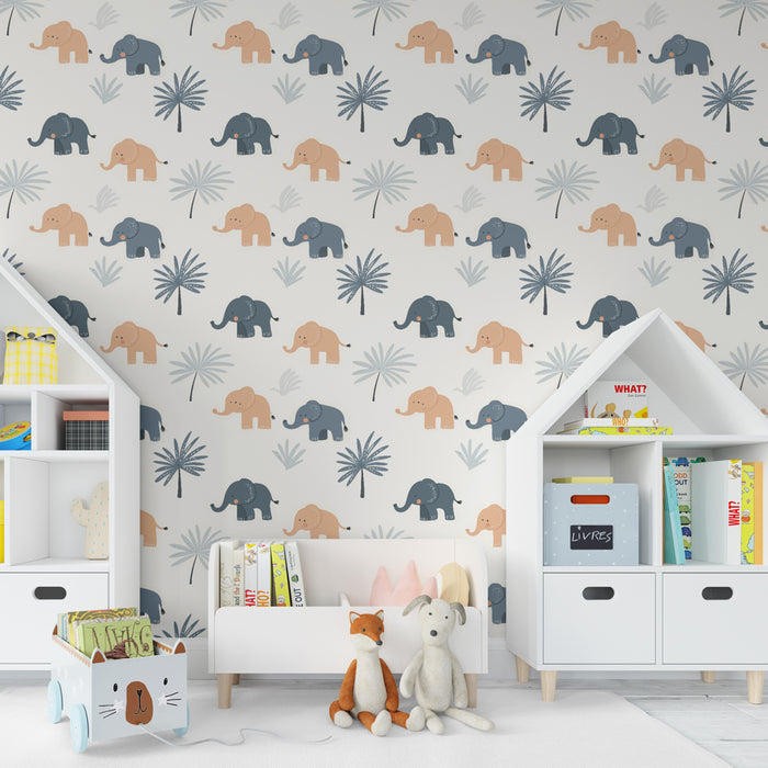 Papier peint chambre enfant à motifs | Élégants éléphants au milieu de palmiers