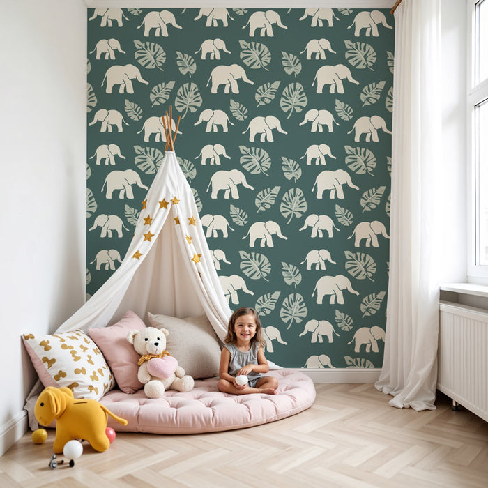 Papier peint chambre enfant à motifs | Élégants éléphants et feuillages apaisants
