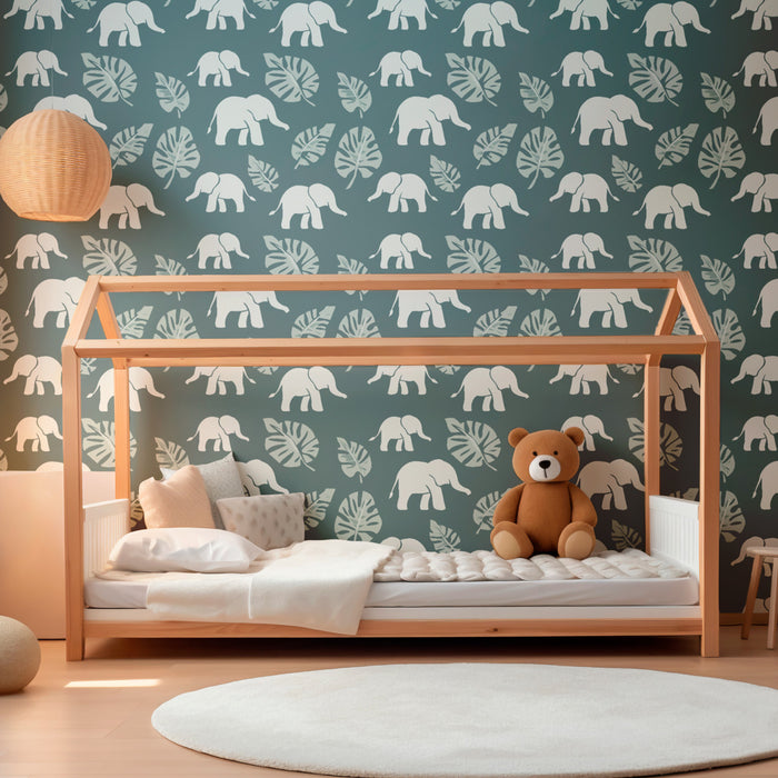 Papier peint chambre enfant à motifs | Élégants éléphants et feuillages apaisants