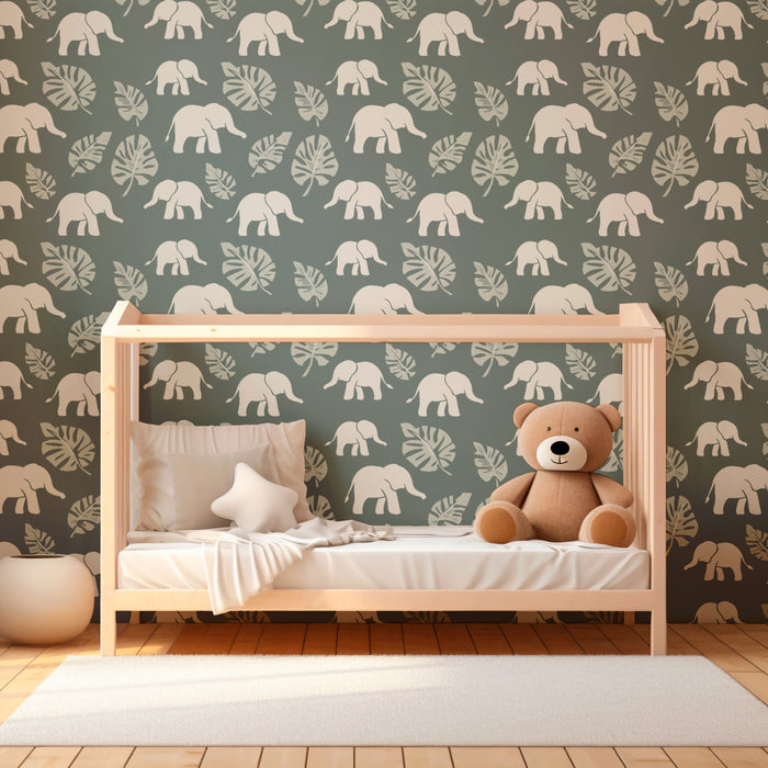 Papier peint chambre enfant à motifs | Élégants éléphants et feuillages apaisants