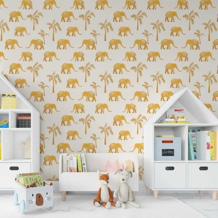 Papier peint chambre enfant à motifs | Élégants éléphants et palmiers dorés sur fond crème