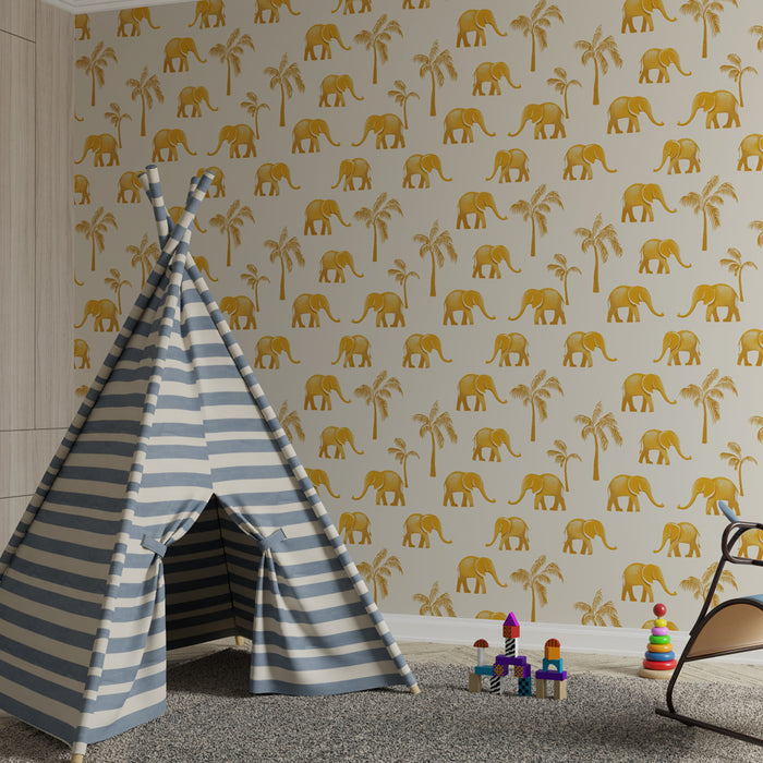 Papier peint chambre enfant à motifs | Élégants éléphants et palmiers dorés sur fond crème