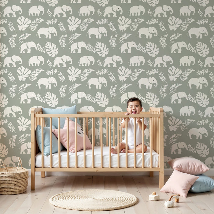 Papier peint chambre enfant à motifs | Élégants éléphants sur fond doux