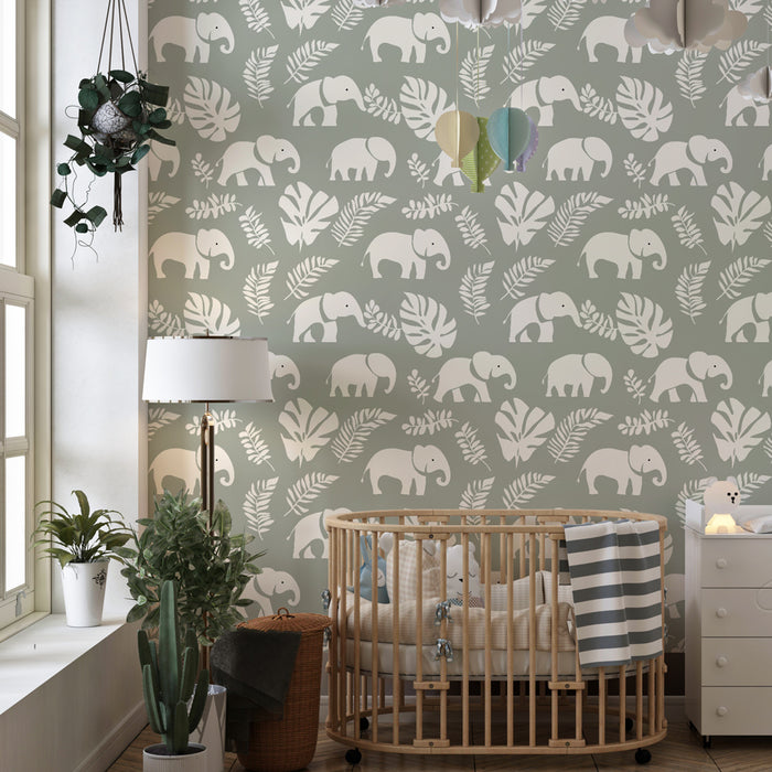 Papier peint chambre enfant à motifs | Élégants éléphants sur fond doux