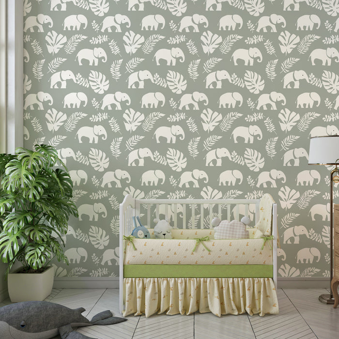 Papier peint chambre enfant à motifs | Élégants éléphants sur fond doux