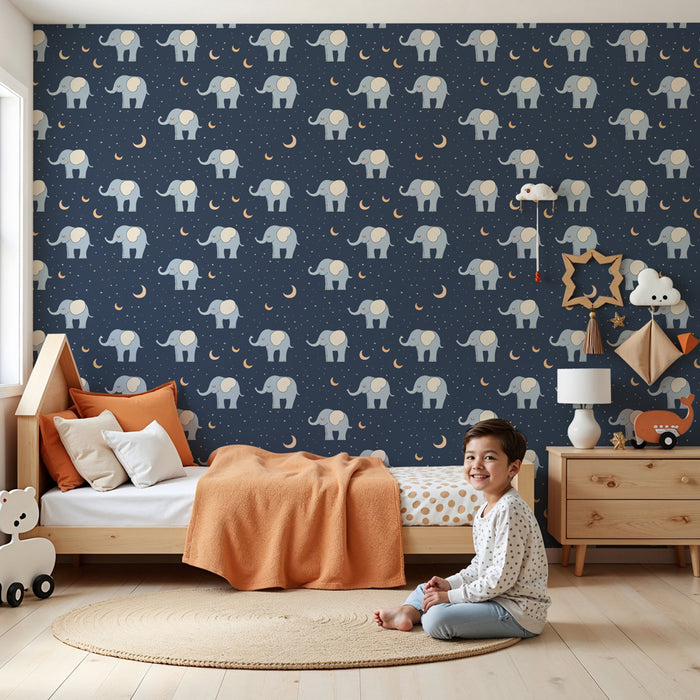 Papier peint chambre enfant à motifs | Élégants éléphants sur fond nocturne