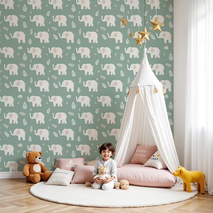 Papier peint chambre enfant à motifs | Élégants éléphants sur fond vert doux