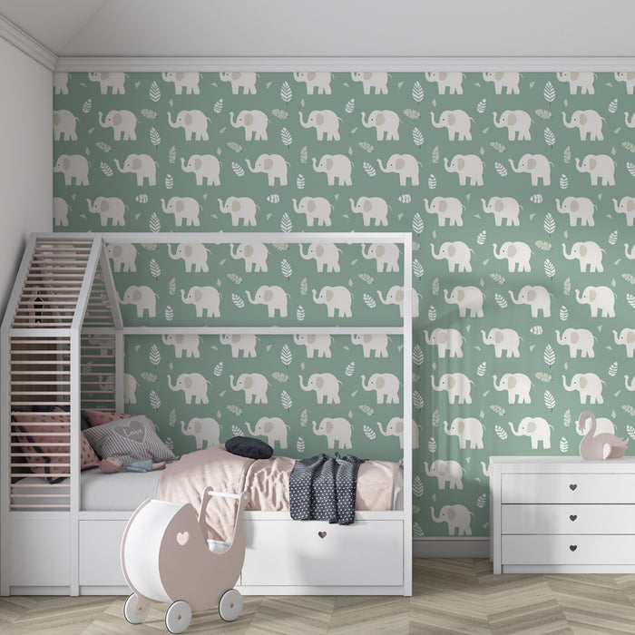 Papier peint chambre enfant à motifs | Élégants éléphants sur fond vert doux