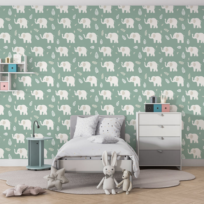 Papier peint chambre enfant à motifs | Élégants éléphants sur fond vert doux