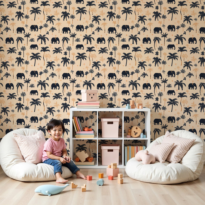 Papier peint chambre enfant à motifs | Éléphants et palmiers avec un fond doux