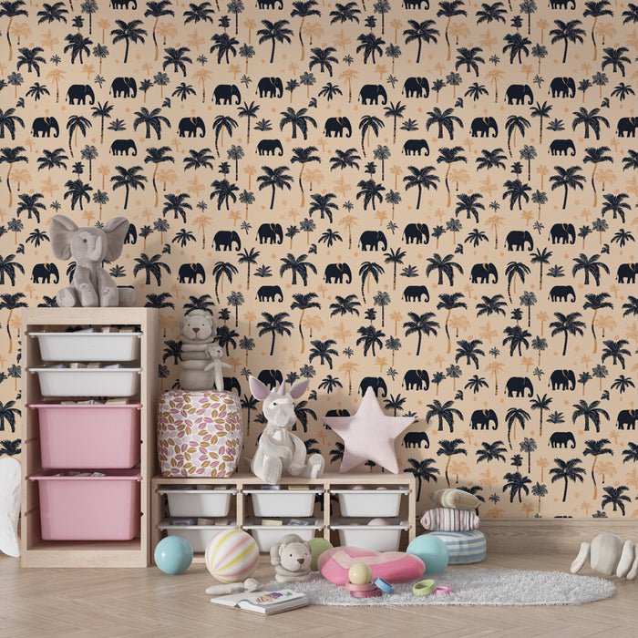 Papier peint chambre enfant à motifs | Éléphants et palmiers avec un fond doux
