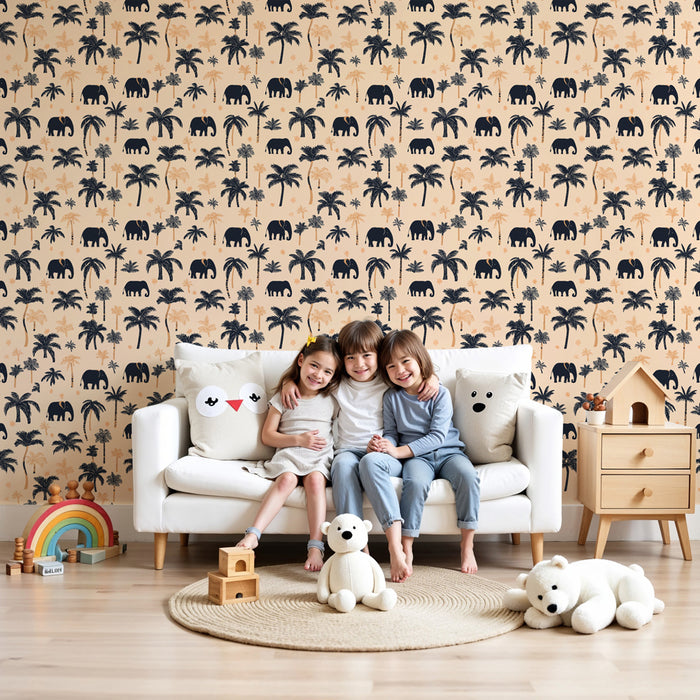 Papier peint chambre enfant à motifs | Éléphants et palmiers sur fond doux