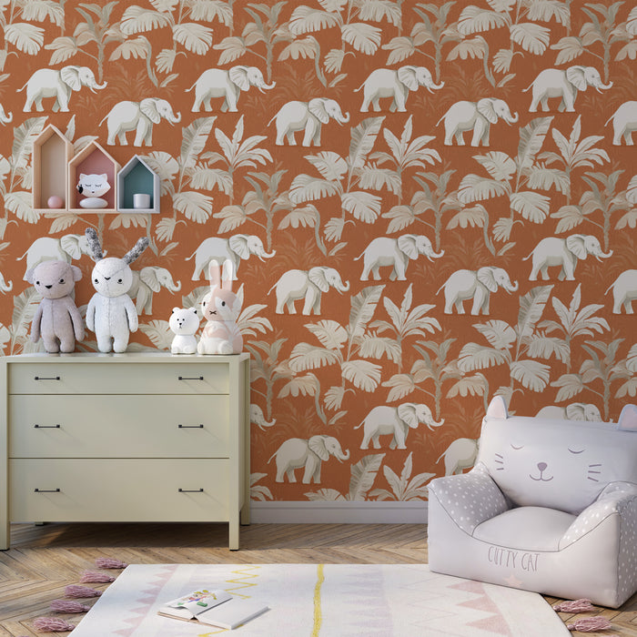 Papier peint chambre enfant à motifs | Eléphants ludiques au milieu des feuilles tropicales