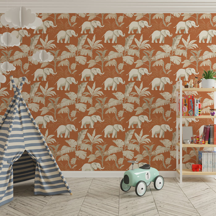 Papier peint chambre enfant à motifs | Eléphants ludiques au milieu des feuilles tropicales