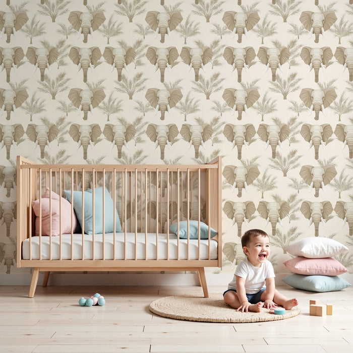 Papier peint chambre enfant à motifs | Éléphants majestueux sur fond crème