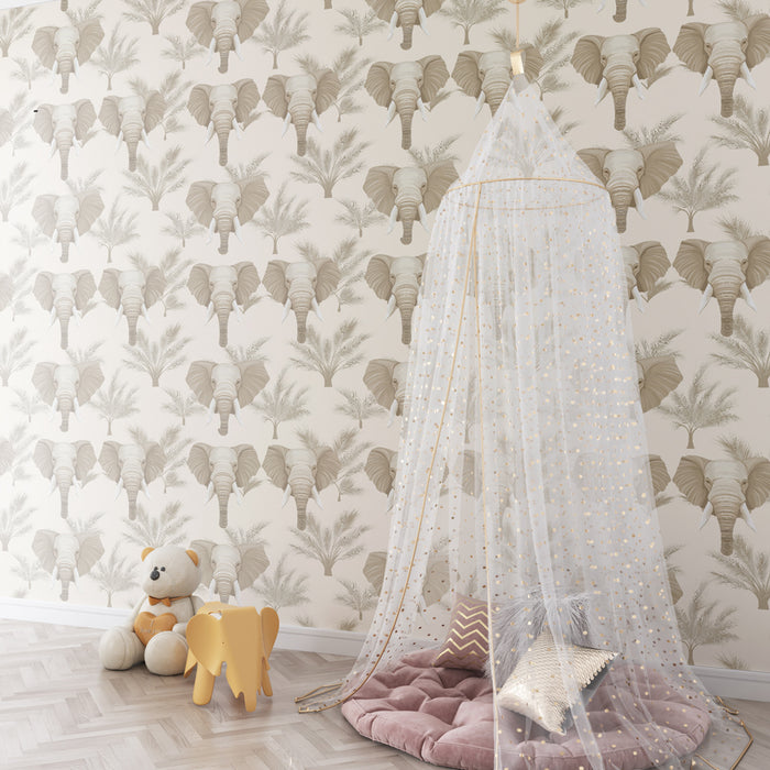 Papier peint chambre enfant à motifs | Éléphants majestueux sur fond crème