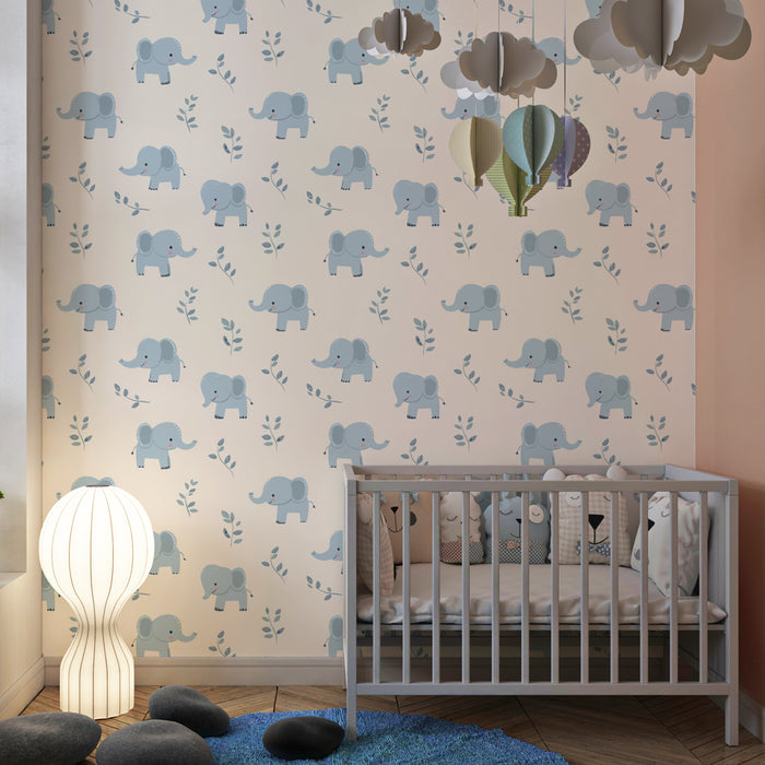 Papier peint chambre enfant à motifs | Éléphants mignons sur un fond doux