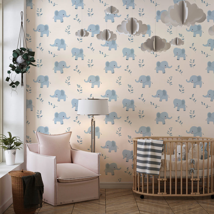 Papier peint chambre enfant à motifs | Éléphants mignons sur un fond doux