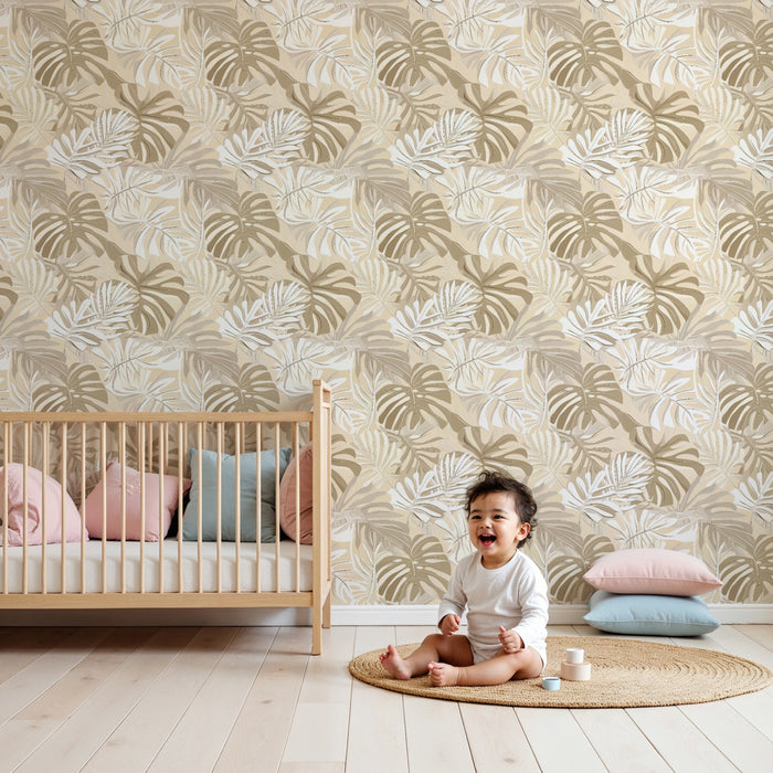 Papier peint chambre enfant à motifs | Feuilles tropicales dans des tons doux