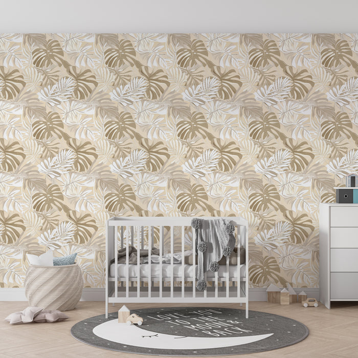 Papier peint chambre enfant à motifs | Feuilles tropicales dans des tons doux
