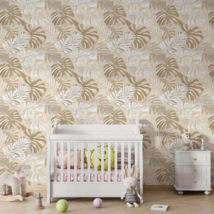 Papier peint chambre enfant à motifs | Feuilles tropicales dans des tons doux