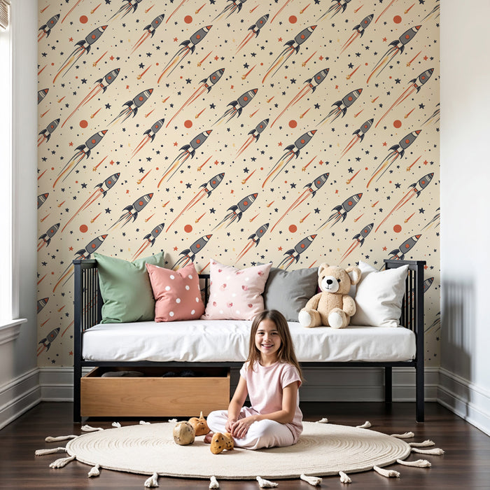Papier peint chambre enfant à motifs | Fusées et étoiles sur fond beige