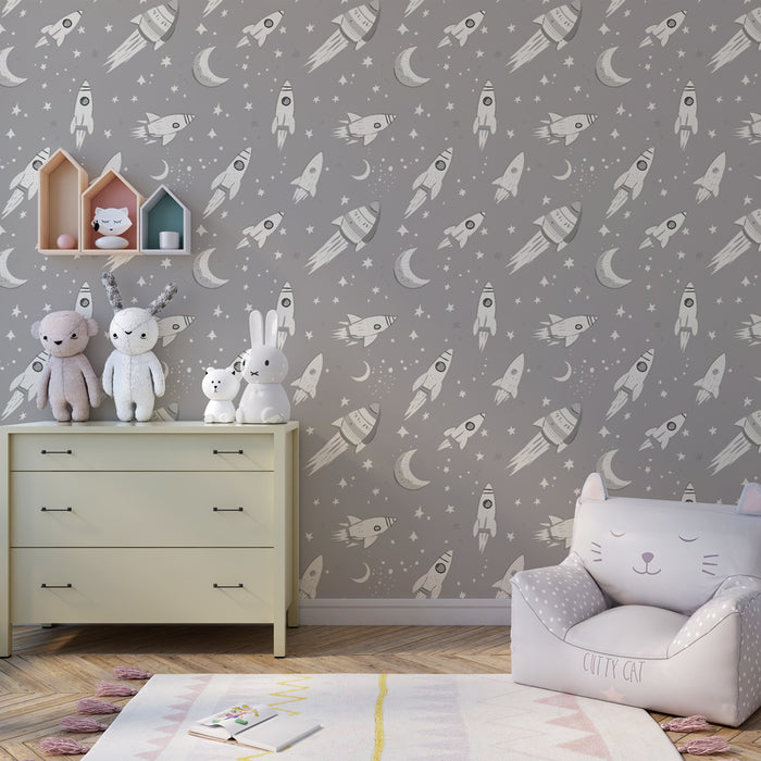 Papier peint chambre enfant à motifs | Fusées et lunes dans un cosmos étoilé