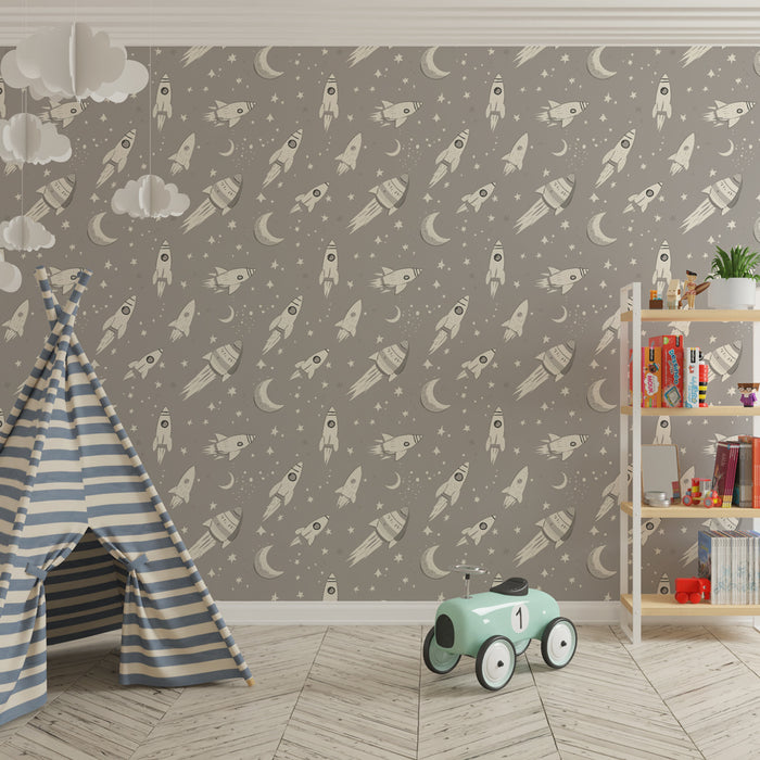 Papier peint chambre enfant à motifs | Fusées et lunes dans un cosmos étoilé