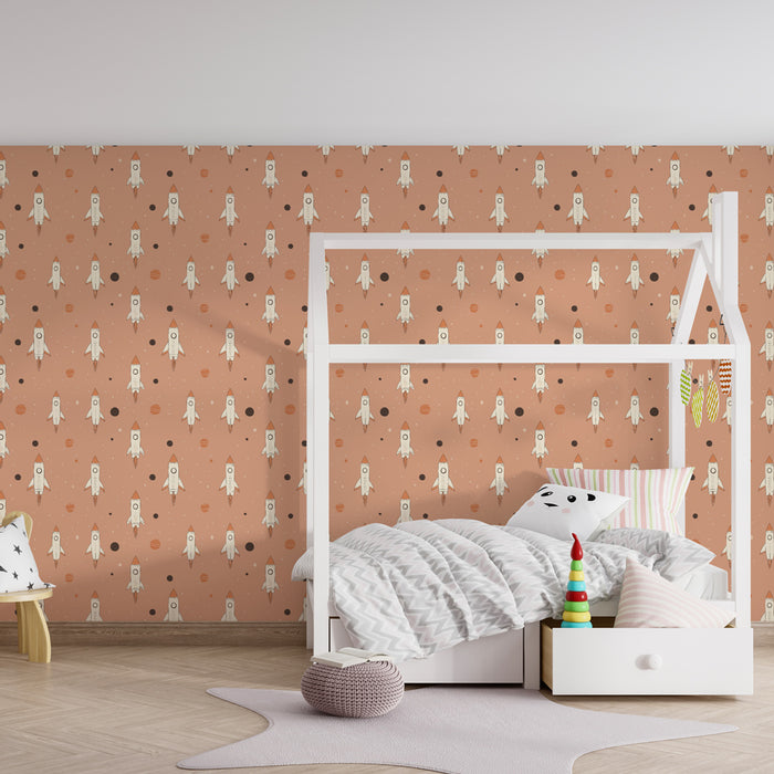 Papier peint chambre enfant à motifs | Fusées et planètes sur fond rose