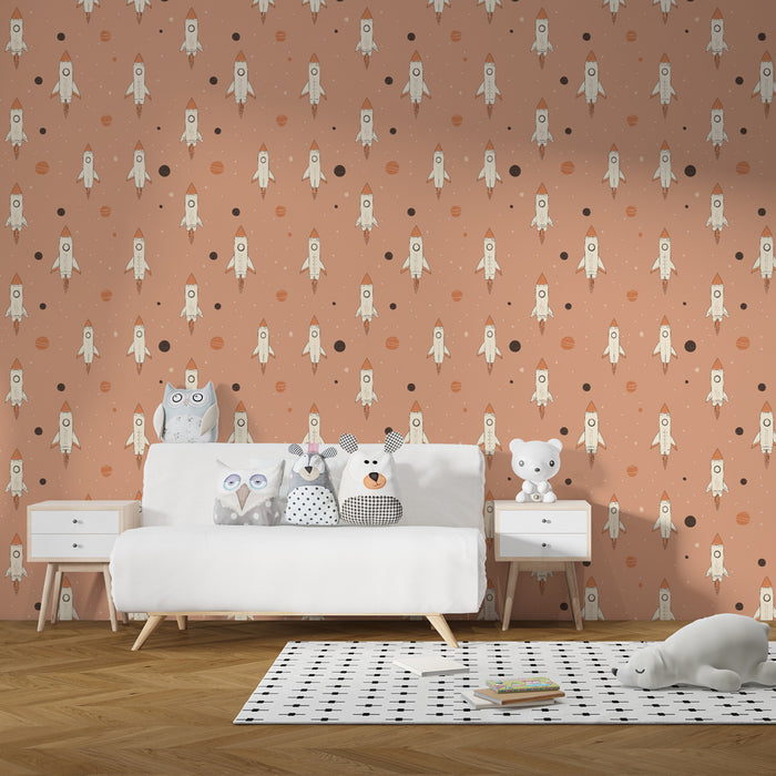 Papier peint chambre enfant à motifs | Fusées et planètes sur fond rose