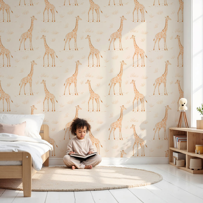Papier peint chambre enfant à motifs | Girafes délicates sur fond doux