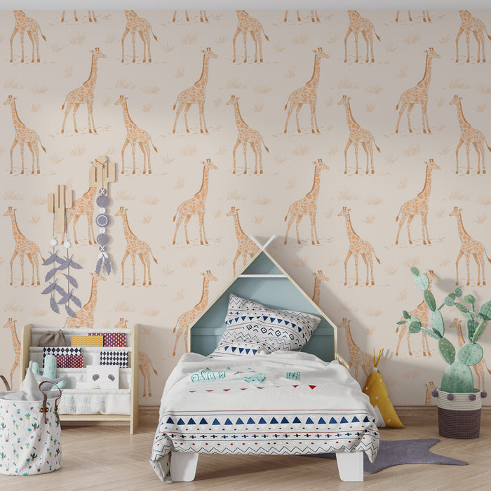 Papier peint chambre enfant à motifs | Girafes délicates sur fond doux