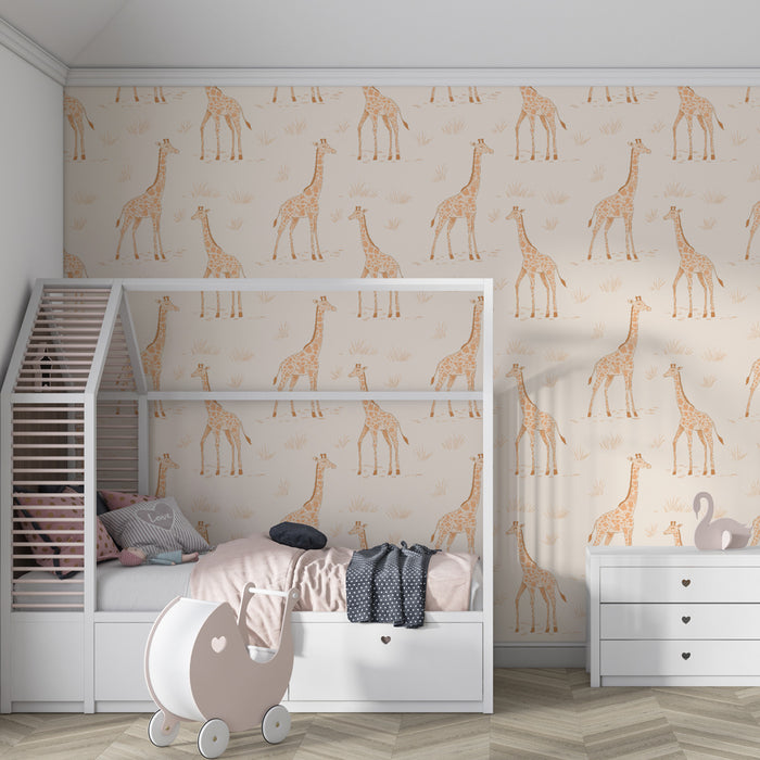 Papier peint chambre enfant à motifs | Girafes délicates sur fond doux