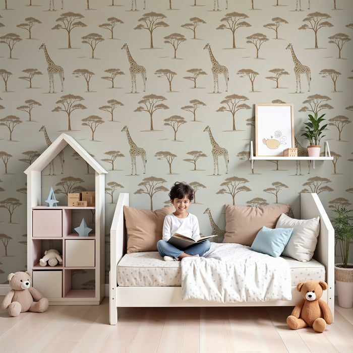 Papier peint chambre enfant à motifs | Girafes élégantes au milieu des acacias