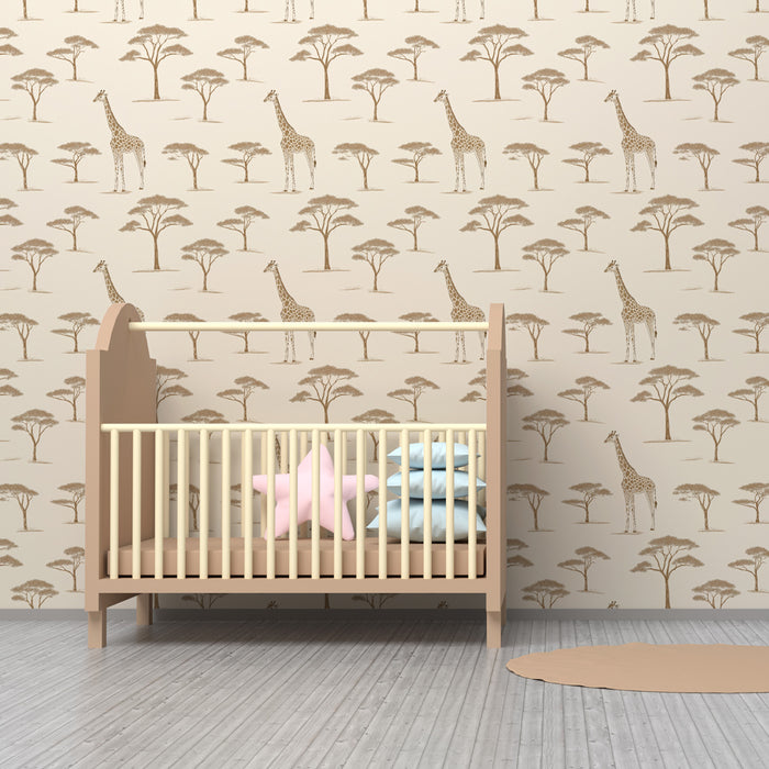 Papier peint chambre enfant à motifs | Girafes élégantes au milieu des acacias