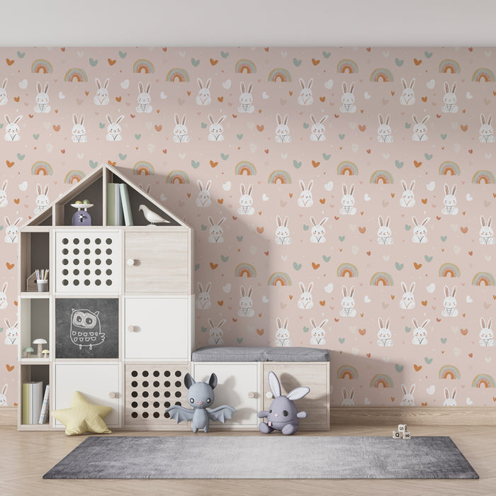 Papier peint chambre enfant à motifs | Lapins mignons et arcs-en-ciel colorés