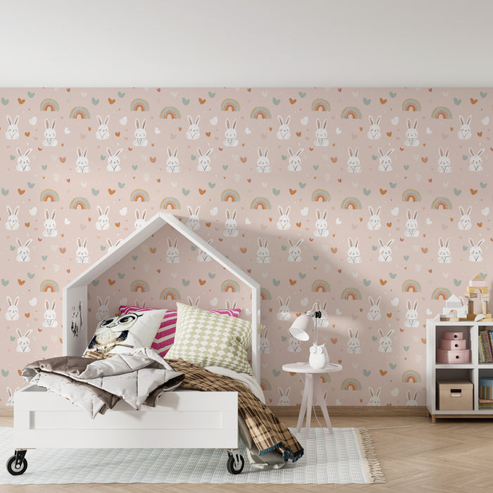 Papier peint chambre enfant à motifs | Lapins mignons et arcs-en-ciel colorés