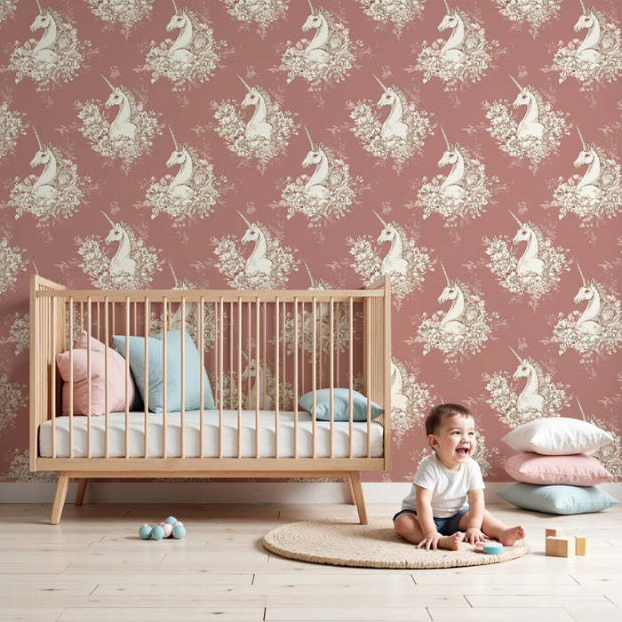 Papier peint chambre enfant à motifs | Licornes au milieu de fleurs délicates