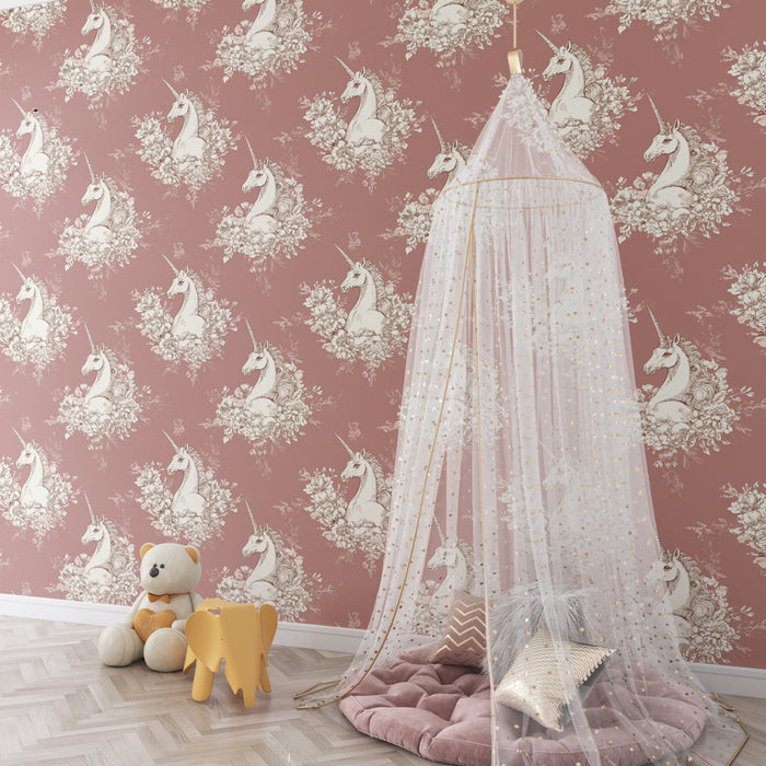 Papier peint chambre enfant à motifs | Licornes au milieu de fleurs délicates